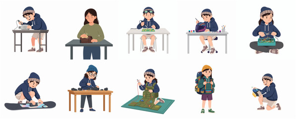 Fototapeta premium Collection of diverse children characters engaged in various DIY hobbies, technical crafts, and creative activities like soldering and painting