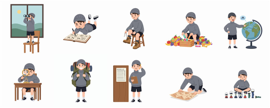 Cute Little Boy Explorer Character Set Preparing for Adventure, Hiking and Travel Illustration