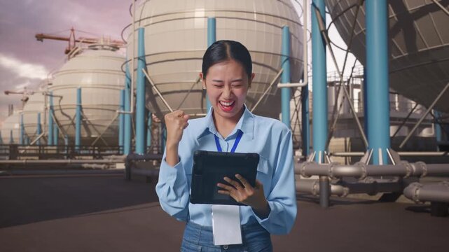 Asian Female With Her Tablet with Spherical Propane Tanks with Fuel Gas Pipelines, She Raises Her Fist Up With Screaming Goal