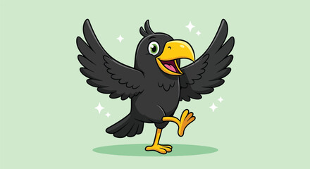 Obraz premium Happy cute black raven bird character dancing.