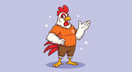 Muscular Cartoon Rooster Mascot Character Wearing Sports Jersey Standing Confidently. © NFS Studio