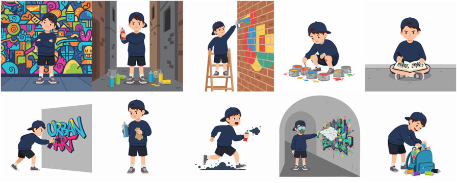 Cartoon Boy Graffiti Artist Illustration Set - Urban Street Art Activities and Character Poses