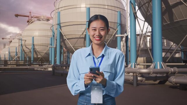 Asian Female With Her Smarphone with Spherical Propane Tanks with Fuel Gas Pipelines, She Is Looking At The Camera With A Smile