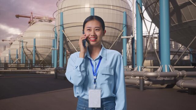 Asian Female with Spherical Propane Tanks with Fuel Gas Pipelines, She Pick The Phone Up And Started To Speaking With It