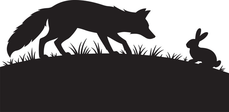 Black silhouette of a fox stalking a rabbit in the grass on a white background