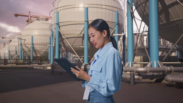 Side View Of Asian Female With Her Tablet with Spherical Propane Tanks with Fuel Gas Pipelines, Checking On Her Tablet With Meditation