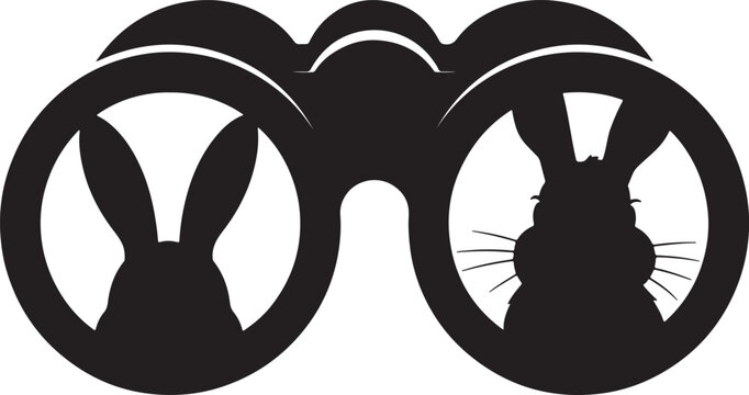 Black silhouette of binoculars featuring bunny rabbits inside the lenses for nature observation concepts