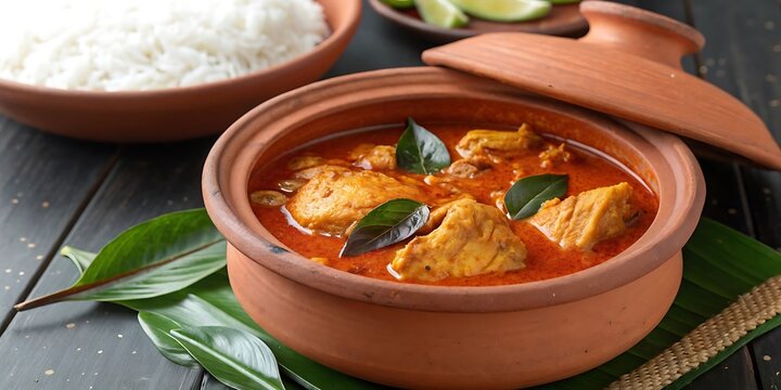 Authentic kerala fish curry served in earthen clay pot with steamed rice