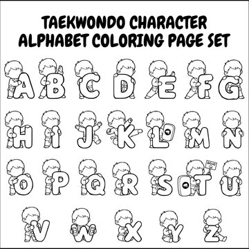 Collection of taekwondo martial arts A to Z alphabet font illustrations in faceless line art style. Includes typography letters and sporty boy characters for children's learning coloring pages.