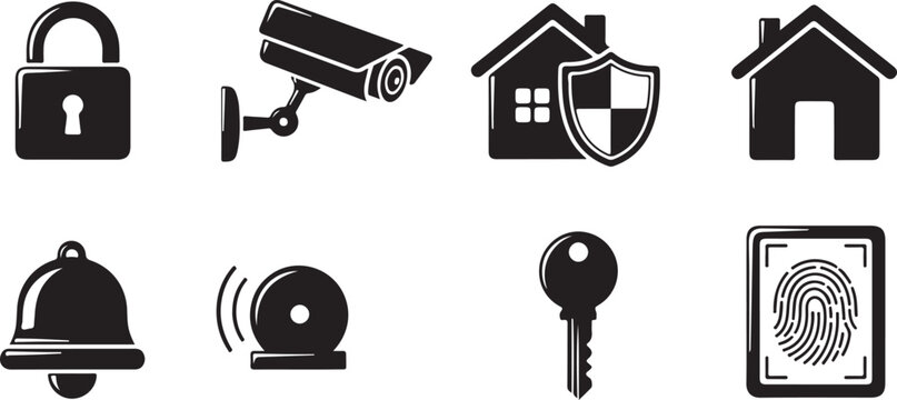 Security icons set including lock camera house shield key and fingerprint  isolated on transparent background