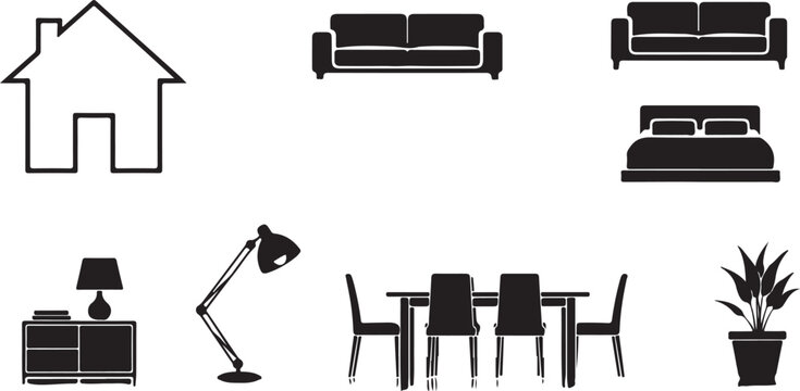 Silhouette of various home furniture and house structure icons  house sofa bed lamp plant table chairs