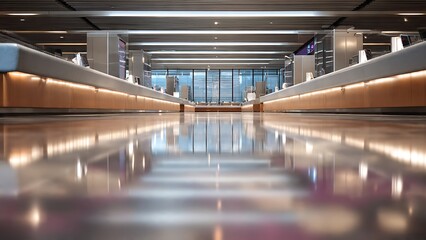 Obraz premium Modern airport check in counter with glossy reflective floor and symmetrical architecture for travel and business environment concept