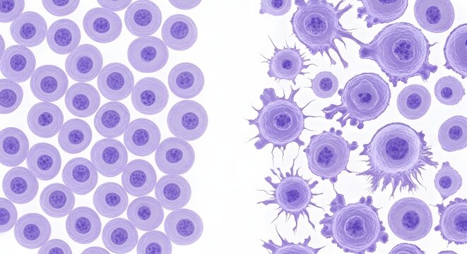 Healthy vs cancer cells comparison &ndash; abnormal cell mutation and disease progression medical concept illustration