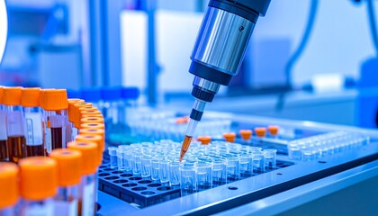 Fototapeta premium Robotic arm handling test tubes in laboratory with blue lighting, automation and scientific research concept