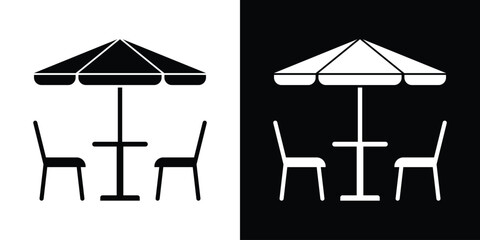 Simple graphic icon of a bistro table set with two chairs under a large patio umbrella. Minimalist black and white design for hospitality, restaurant, or vacation themes. © bibin