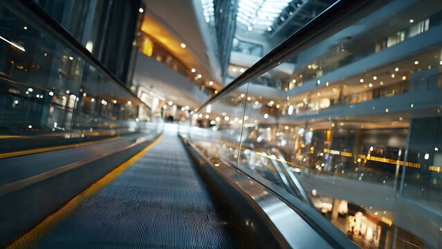 Escalator movement inside modern shopping mall with motion blur and bright lights for retail and urban lifestyle concept