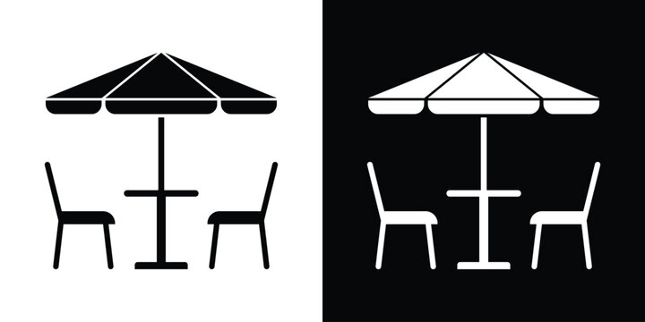 Simple graphic icon of a bistro table set with two chairs under a large patio umbrella. Minimalist black and white design for hospitality, restaurant, or vacation themes.