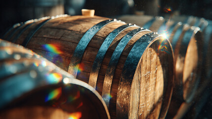 Obraz premium Oak wine barrels in modern winery cellar under warm sunset light highlighting wood texture and traditional aging process