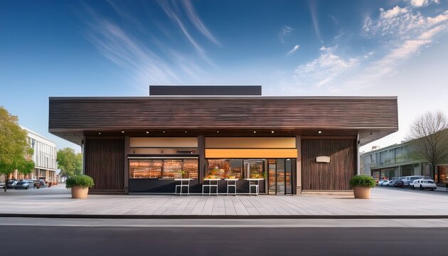 the exterior of a modern fast food restaurant is depicted with copy space highlighting its tidy and appealing facade