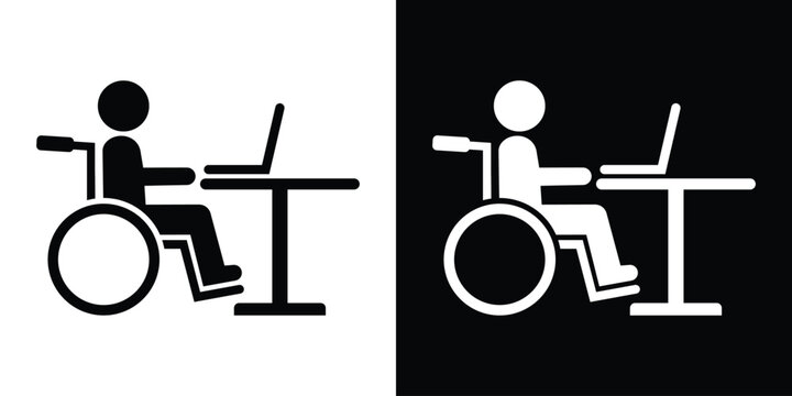 Pictogram of a person in a wheelchair working on a laptop computer at a desk. Modern icon representing digital accessibility, inclusive remote work, and office diversity.