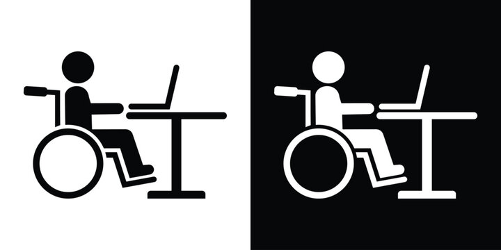 Pictogram of a person in a wheelchair working on a laptop computer at a desk. Modern icon representing digital accessibility, inclusive remote work, and office diversity.