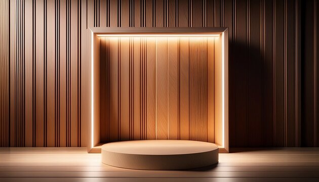 image featuring light podium illuminated frame and wooden panel backdrop creating a minimalist product display evoking elegance and modernity