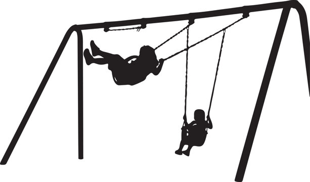 Black silhouette of children playing on swing set, playground equipment, kids recreation, outdoor fun