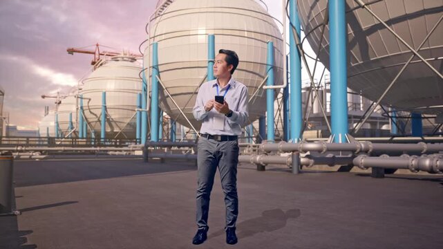 Full Body Of Asian Male Professional Worker With His Smartphone With Spherical Propane Tanks with Fuel Gas Pipelines, He Observes By Looking Around Before He Come To Concentrating With His Smartphone