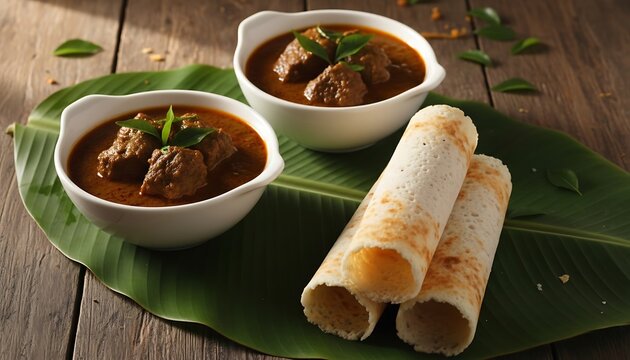 South indian appam with spicy meat curry on banana leaf