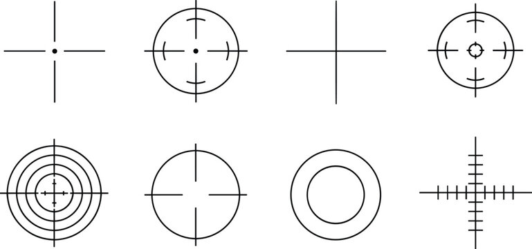 Target crosshair and focus reticle line icons set including aim scope precision mark alignment symbols collection