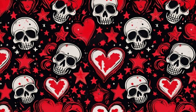 seamless punk rock pattern with skulls hearts and stars in red and black grunge street art style backdrop featuring skulls and gothic hearts for apparel design