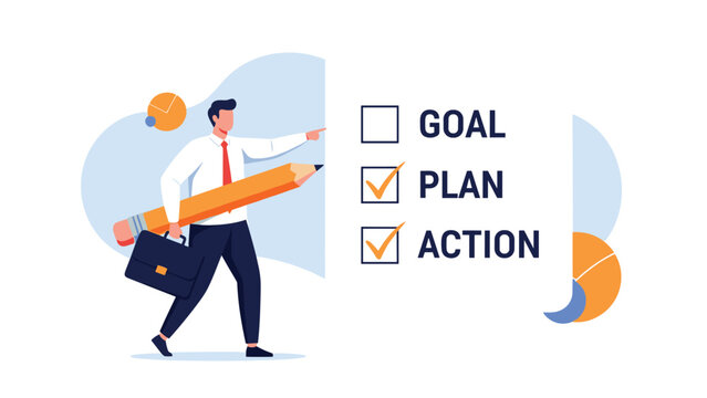 Focused professional man holding a giant pencil while checking off items on a large list labeled goal plan and action to represent productivity.