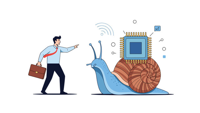 Professional man pointing in frustration at a large snail carrying a computer chip on its back to represent slow technology and system inefficiency.