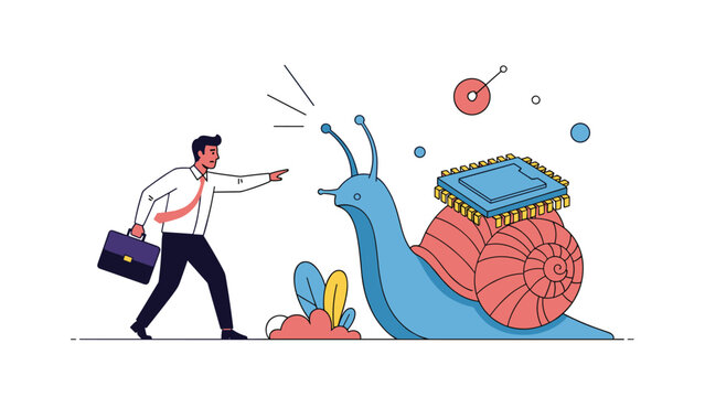 Businessman pointing at a slow snail carrying a powerful computer chip to represent the concept of slow technological progress or inefficiency.