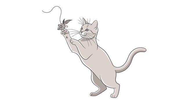 Playful kitten batting a toy mouse on a string, isolated on white background, illustration