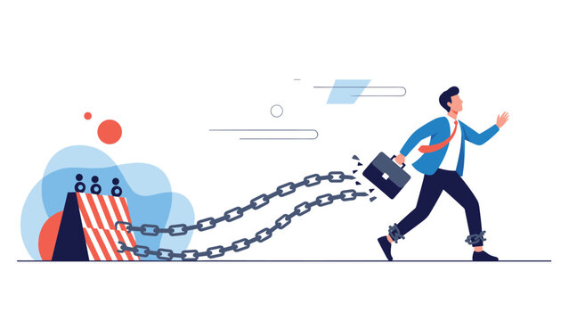Determined businessman breaking free from heavy iron chains and a concrete block to run toward freedom and career growth.
