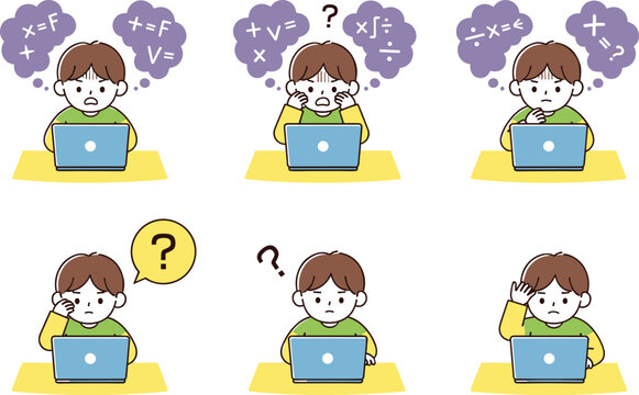 Confused Person Vector Set with Laptop and Math Symbols for Problem Solving, Learning, and Education Design