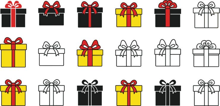 Gift box collection set featuring colorful and outline presents with ribbons in flat vector illustration for holiday, birthday and celebration design
