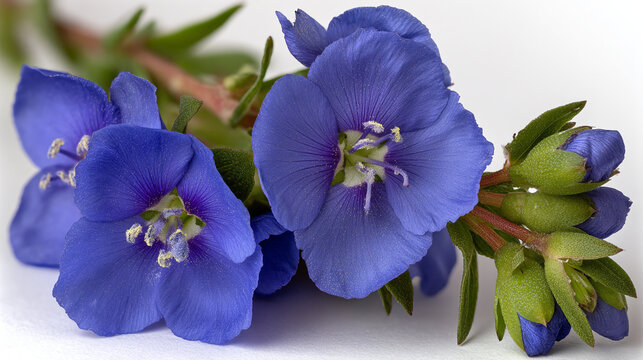 Close-up of delicate blue speedwell flowers and green leaves on a thin stem
