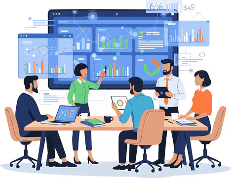 Professional business team discussing and analyzing financial charts and data reports on a large interactive digital screen in an office