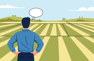 farmer contemplates a vast cultivated field He stands with arms crossed gazing at the landscape suggesting strategic planning and agricultural success A thought bubble adds to the visual interest © Vector Factory