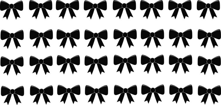 Black ribbon bow silhouette collection set featuring elegant decorative bows in minimal flat vector style for gift wrapping, fashion and design elements