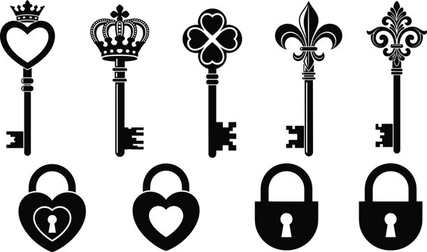 Vintage key and lock silhouette collection featuring ornate keys and padlocks in black flat vector illustration for security, antique and decorative design