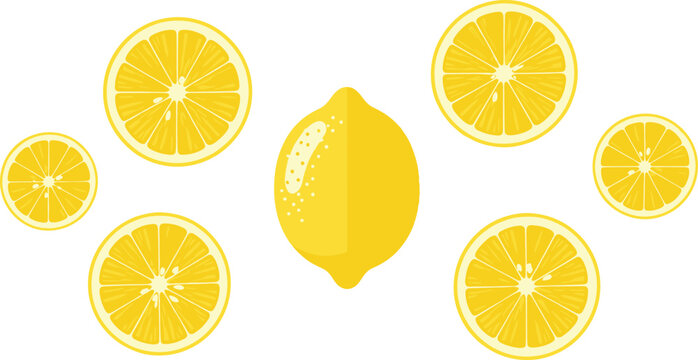 Lemon fruit composition with whole and sliced citrus arranged around center in clean flat vector illustration for fresh food and summer design