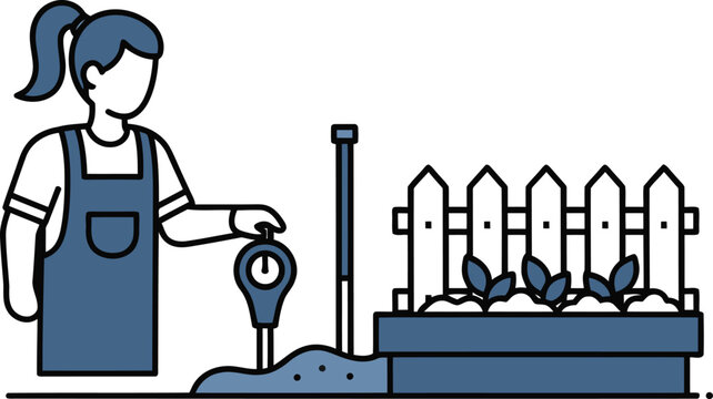 A female gardener uses a moisture probe to monitor soil in a raised garden bed. Clean, modern illustration style. Focus on gardening and sustainable practices.