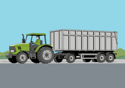 A green tractor pulls a trailer loaded with biofuel, transporting agricultural goods. A farmer drives, showcasing sustainable farming practices. Clear, modern illustration.