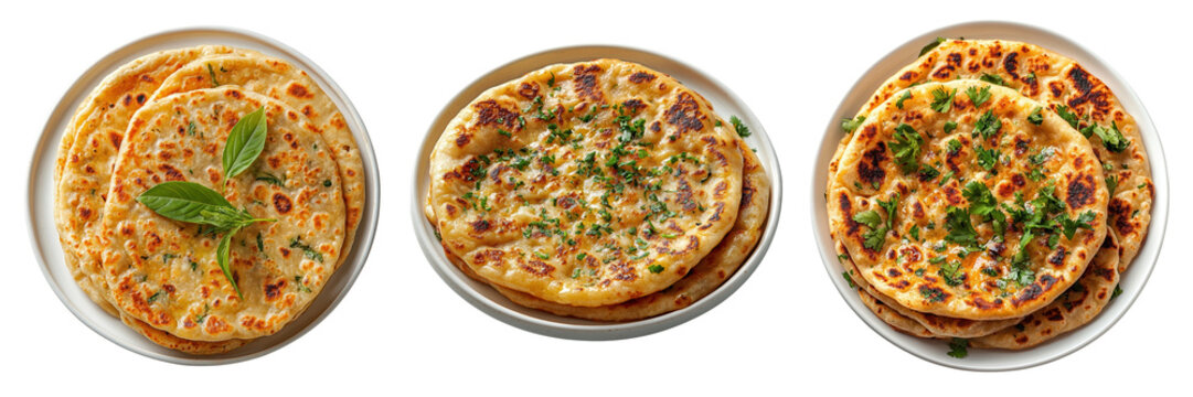 Assorted Savory Parata with Herbs Collection Isolated on Transparent or White Background