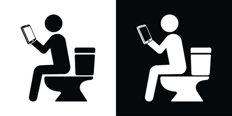 Modern black and white icon showing a person sitting on a toilet while looking at a handheld smartphone or tablet device. © bibin