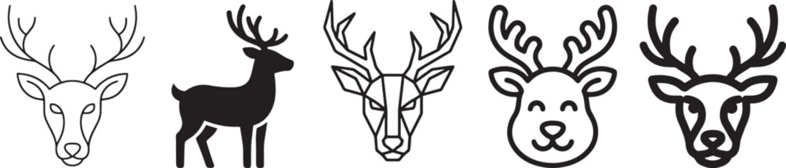 Naklejka premium Set of five different deer and reindeer head icons featuring minimal line art silhouette geometric rounded and bold line styles for creative design projects and winter holiday themes Vector