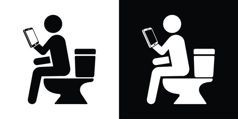 Modern black and white icon showing a person sitting on a toilet while looking at a handheld smartphone or tablet device. © bibin